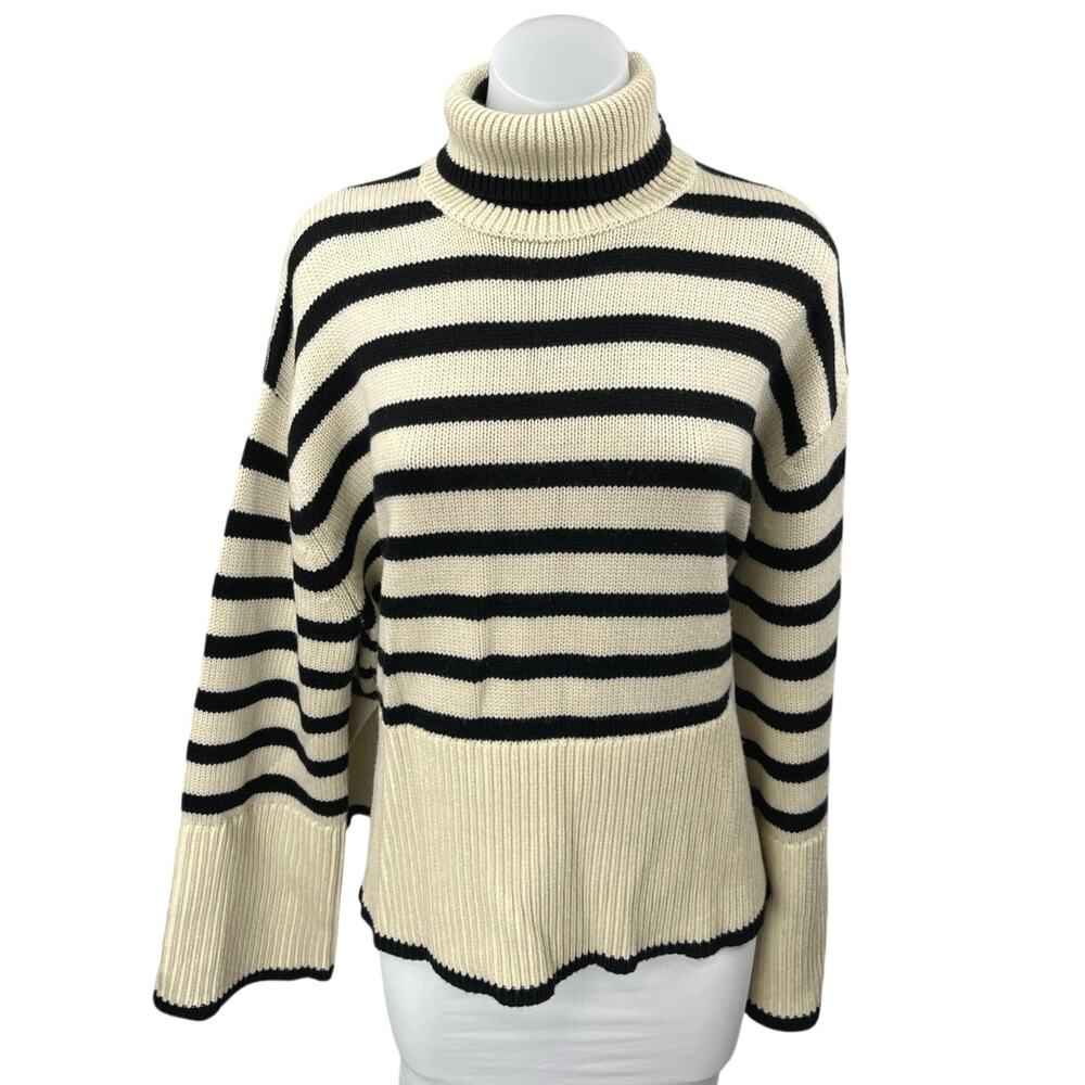 Toteme Cream Black Striped Wool Knit Long Sleeve Turtleneck Sweater Top Size XS